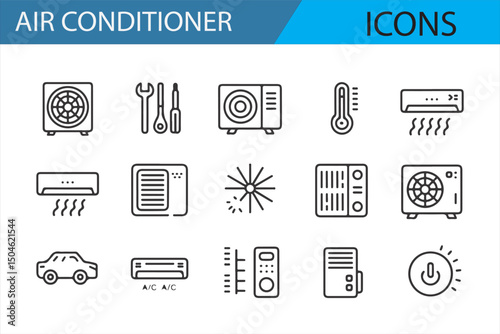 Simple icons for air conditioners featuring fan settings, temperature control, and HVAC functions in a clean minimalist design.