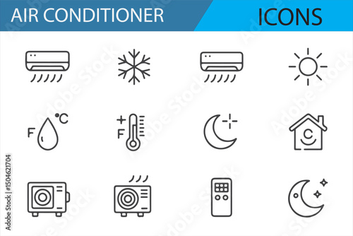 Line art icons representing various air conditioner features like remote control, cooling settings, and filters for home appliance projects.

