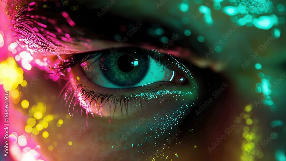 Close-up of a human eye with vibrant neon makeup and glitter, creating a surreal and artistic visual. Close-up of a human eye with vibrant neon makeup and glitter, creating a surreal and artistic visual.