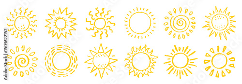 Sun vector icon. Crayon or brush sun shine summer stapm bg. Doodle yellow sunshine, sunrise, sunset, ray hand drawn logo. Happy kid summer element. Cute cartoon rough watercolor paint sunshine icon