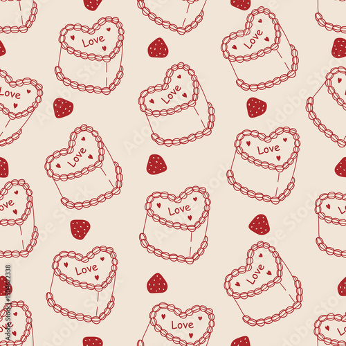 Seamless vector pattern with line art heart shaped bento cakes and strawberry. Doodle background for  wedding, anniversary, valentine day.Coquette girlie texture for wrapping paper,wallpaper, textil