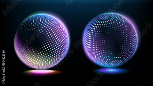 Vector image. Neon spheres with texture. Glow effect. Bright neon colors. Template for poster design.