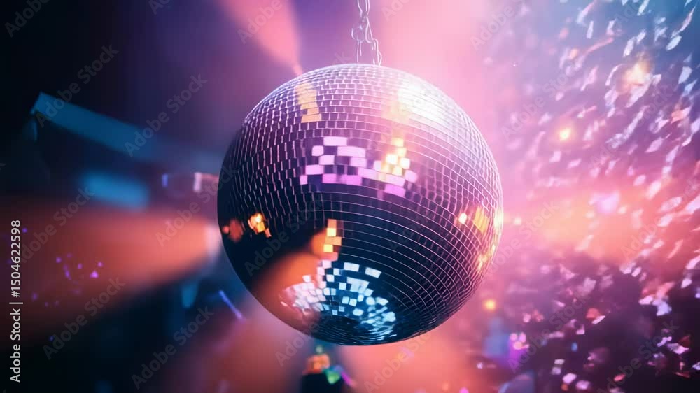 Shiny disco ball hanging with colorful light effects, party atmosphere