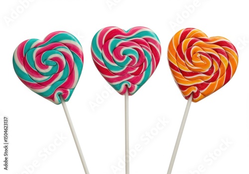 Wallpaper Mural Three heart shaped lollipops in vibrant colors on white background in a close up studio shot view Torontodigital.ca