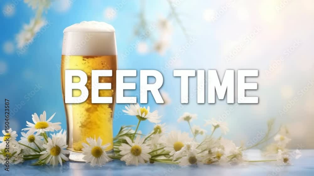 Glass of lager beer with wildflowers on a light blue background.