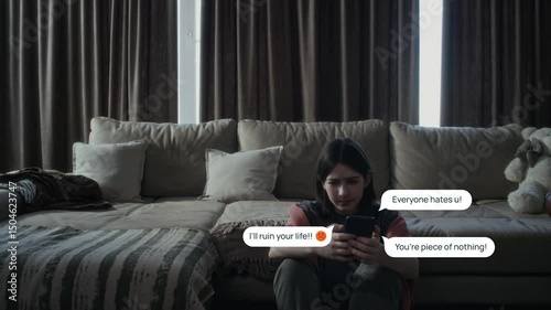 Medium full shot of anguished young Caucasian girl crouching up on floor at home, scrolling social media, with VFX effects of vicious messages from online trolls appearing around her