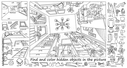 Find and color hidden objects in the picture. Room from bottom to top. Interior with furniture and home objects. Cozy family room. Learning English. Linear sketch vector illustration