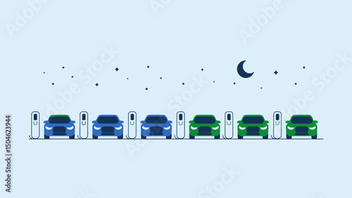 Electric vehicles charging at night in a modern parking area  