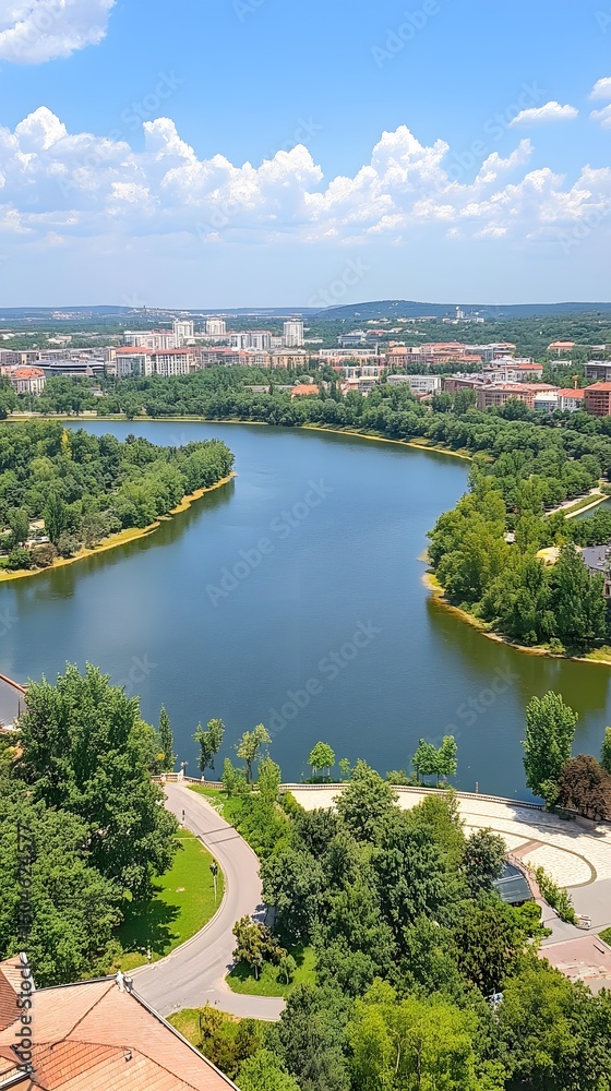 Fototapeta premium Aerial View City Lake Summer Landscape Urban Scenery