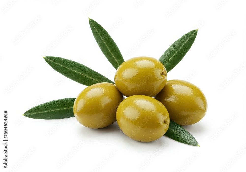 A small pile of four green olives with leaves arranged on a white surface in a studio shot A small pile of four green olives with leaves arranged on a white surface in a studio shot