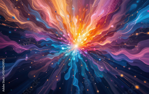 Vibrant quasar bursts with colorful waves of energy radiating in all directions