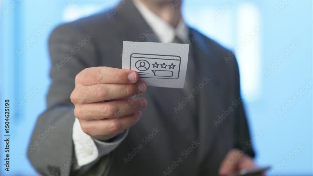 Businessman using smartphone leaves positive feedback with three stars and comments about service or product, improving online reputation and customer satisfaction