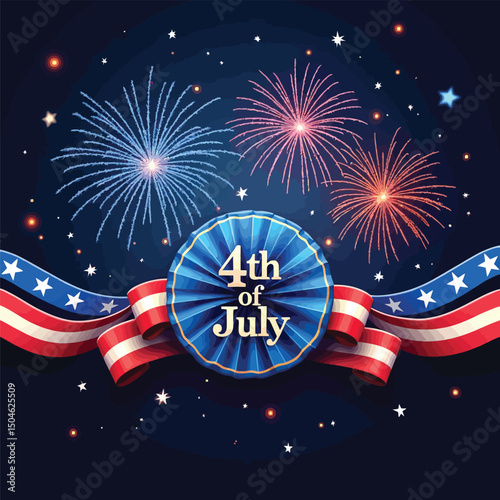 Fourth of July Celebration: An eye-catching illustration bursting with vibrant fireworks, ribbons, and stars, capturing the festive spirit of Independence Day. 