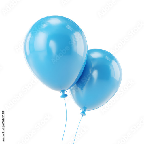 two light blue balloons on strings on transparent background