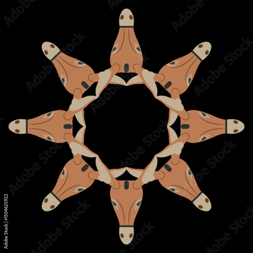 Round geometrical star shape frame with stylized donkey heads. Ethnic Ancient Greek animal design. On black background.