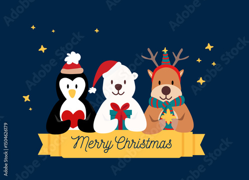 Polar bear, penguin, reindeer in winter outfit holding stars and presents. Cute merry Christmas card on navy background.
