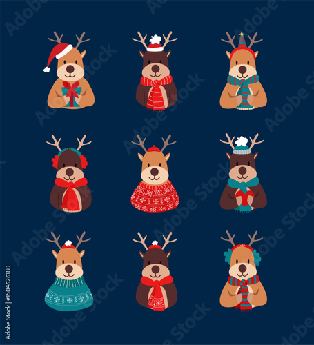 Wallpaper Mural A set of reindeer, deer in Christmas outfits. Cute adorable reindeer.  Christmas card. Navy white and red brown.  Torontodigital.ca