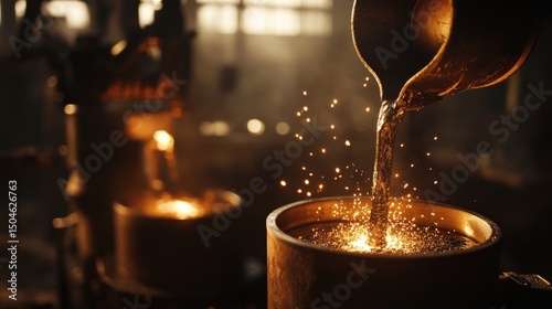 Molten metal pouring process in industrial foundry with glowing sparks and warm lighting