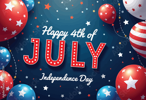 Celebrating Independence: A festive and vibrant composition showcasing the spirit of the Fourth of July, with a lively arrangement of patriotic balloons and stars, all set against a festive backdrop.