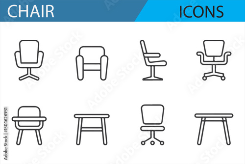 Simple chair icons depicting different chair styles, from office chairs to lounge chairs, in a minimalist design.