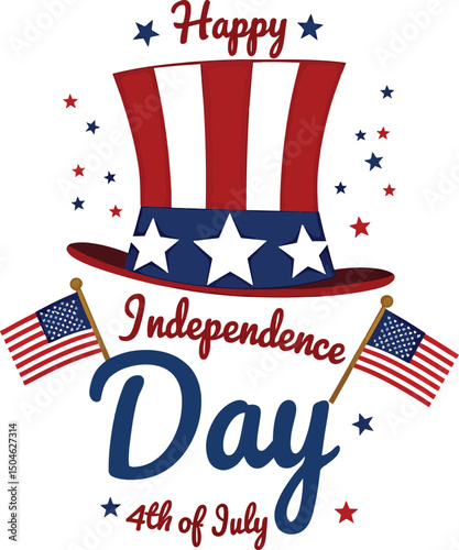 Independence Day Celebration: A festive illustration of an Uncle Sam hat and American flags, symbolizing the patriotic spirit of Independence Day.