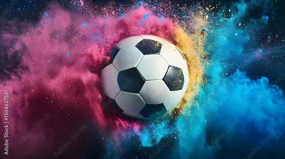 Naklejka premium Soccer ball with coloured powder explosion.