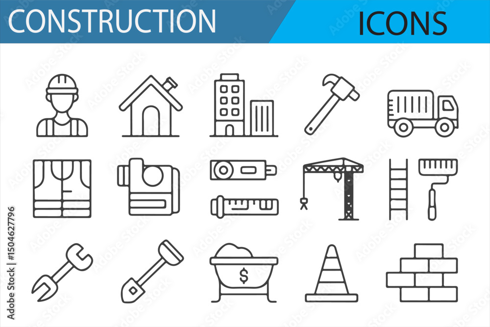 Fototapeta premium A collection of minimalist construction icons featuring tools, vehicles, construction sites, and related symbols in simple line art style. Ideal for use in construction, engineering, and architecture 