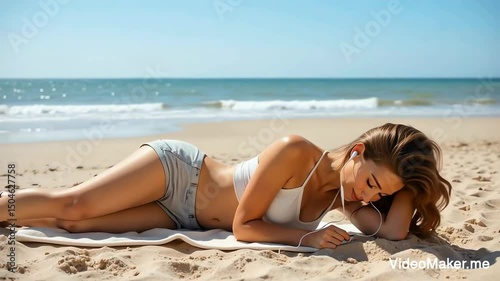 Relaxing by the Sea: A Serene Moment on the Beach
The image captures a peaceful scene of a woman lying on a towel on a sandy beach, basking in the warmth of the sun. She is dressed in light, summery a
