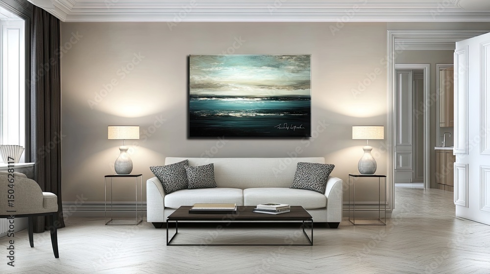 Fototapeta premium A serene seascape painting in muted tones.