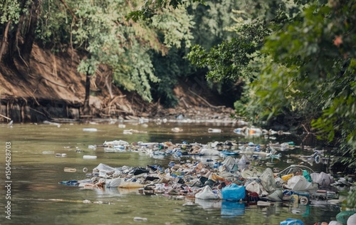 A view of a polluted river, Trash and waste in the river