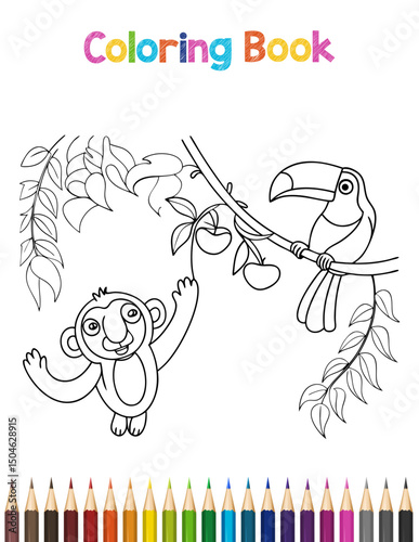 Detailed Animal Illustration for a Coloring Book Page with Black and White Outline and Various Color Options Including CMYK and Grayscale