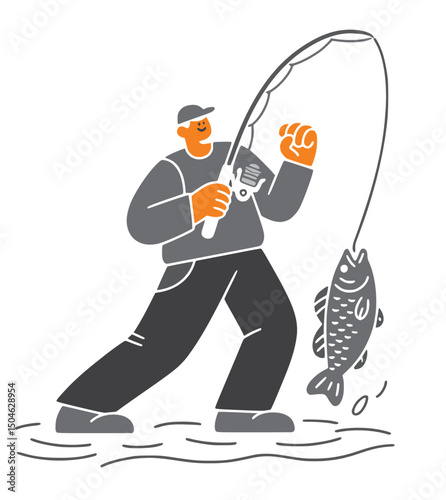 Dynamic depiction of a fisherman reeling in a fish, highlighting the strength and skill involved.