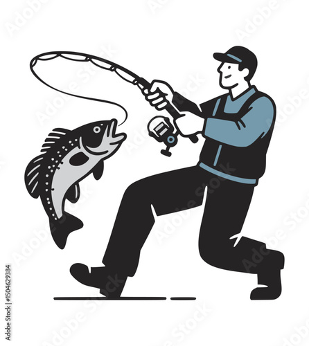 Artistic fishing scene in black and white, featuring a man and a fish, capturing the thrill of the catch.
