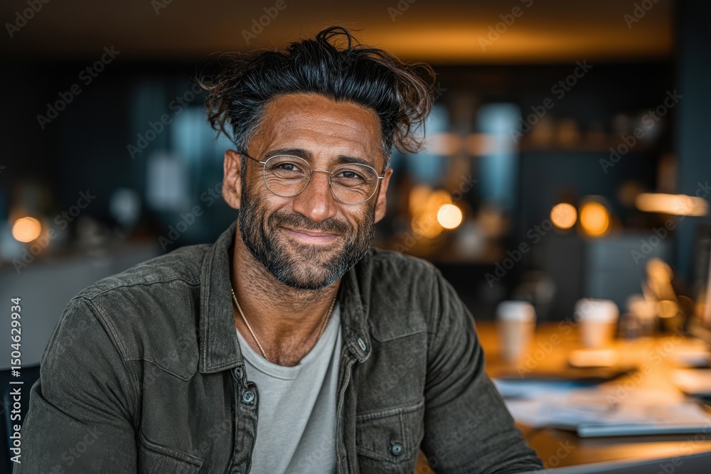 Fototapeta premium Smiling man wearing glasses in a warmly lit modern office environment