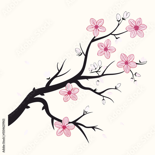 Elegant Cherry Blossom Branch Pink and White Floral Illustration