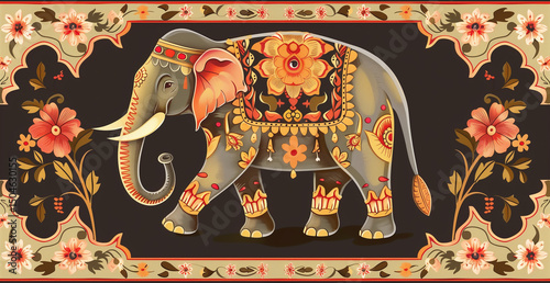 Élégant éléphant indien richement décoré de motifs floraux traditionnels sur fond foncé orné, style oriental raffiné et festif inspiré de l'art et des textiles d'Asie du Sud
