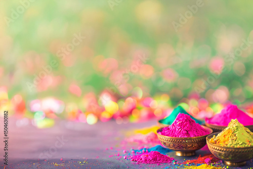 Cérémonie festive de Holi en Inde avec poudre de couleur dans des bols en métal, célébration printanière joyeuse sur fond flou lumineux avec espace négatif copyspace photo