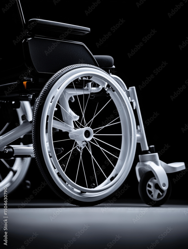 Fototapeta premium Close-up of modern wheelchair on black background, accessibility and mobility concept