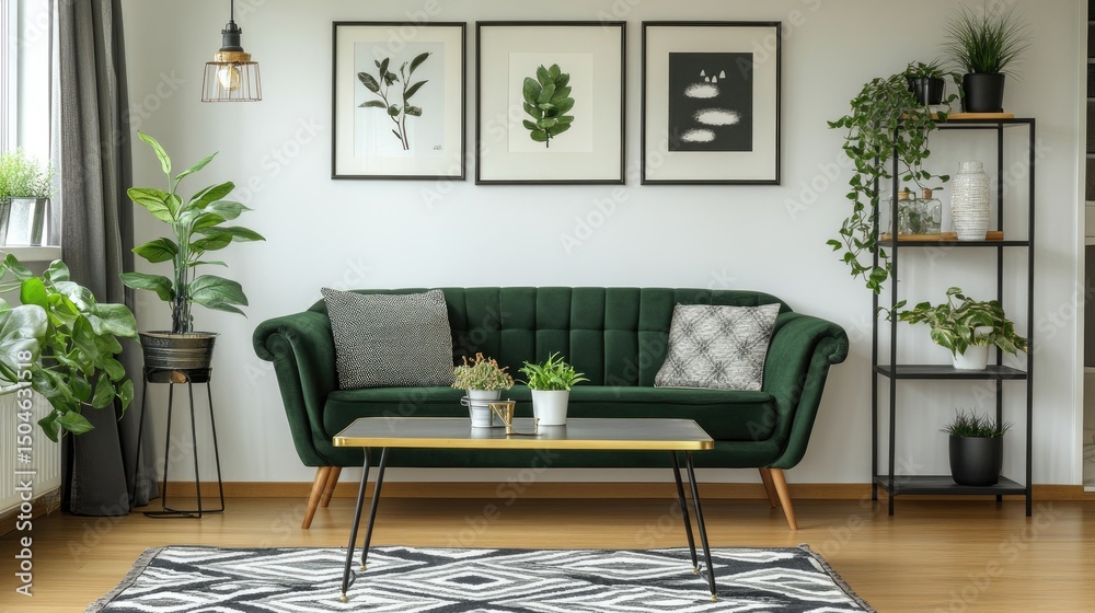 Contemporary living room with dark green velvet sofa and plants. Contemporary living room with dark green velvet sofa and plants.