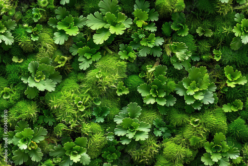 Seamless pattern of lush green plants and moss in a vibrant style