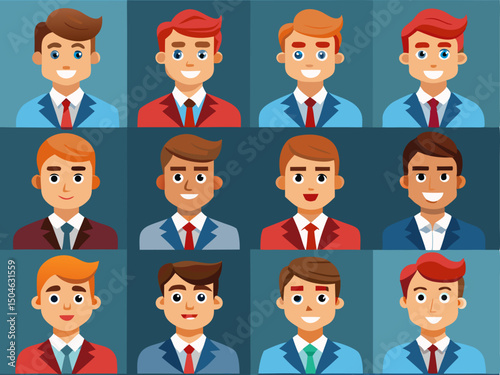 Set of diverse male avatars in formal wear with various expressions and ethnic backgrounds