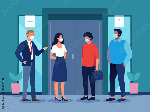 Flat illustration depicting safe public behavior with distance and protective measures during global pandemic