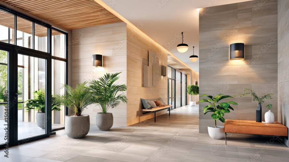 Fototapeta premium Modern interior hallway with gray tiles, potted plants, and soft lighting