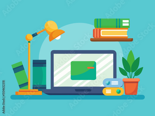 Flat design illustration of online auction concept with laptop gavel books and home desk items