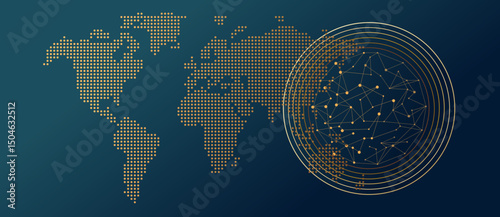 Quantum abstract circles background for big global data concept, yellow gold tones connected dots sphere lines wireframe pattern and a world map, concept of data science, technology, ai
