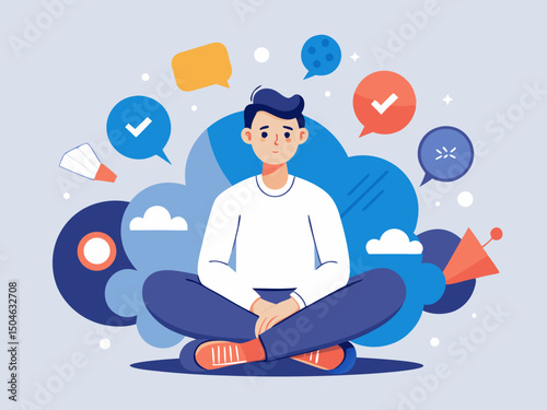 Flat cartoon illustration of a young man overwhelmed by emotional and mental health struggles