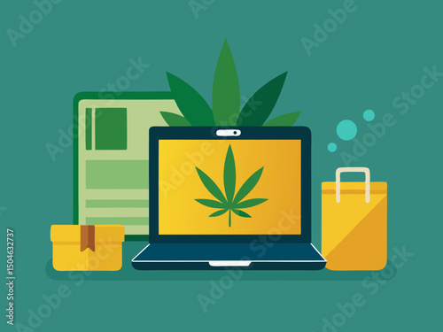 Flat design concept of CBD online shopping with cannabis leaf and ecommerce elements