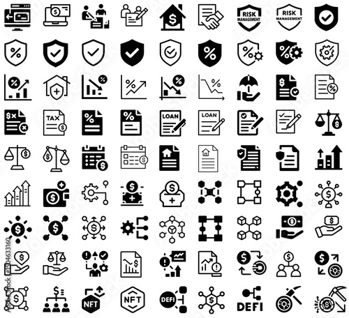 Modern Finance Set 2: covering insurance, tax, loans, risk assessment, financial planning, legal, blockchain, NFT, DeFi, & digital assets. Ideal for fintech, crypto, legal, & business design projects.