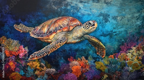 Majestic Sea Turtle Gracefully Navigating Vibrant Coral Reef photo