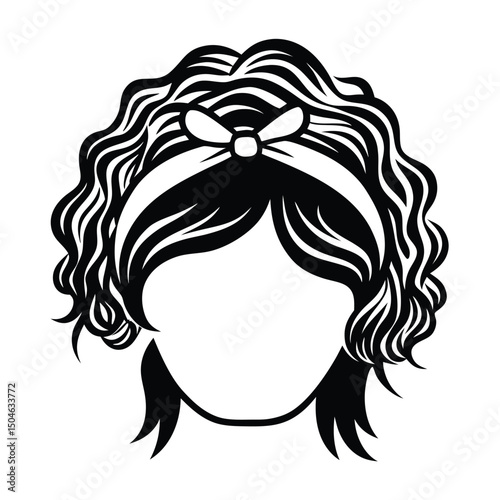 A simple and bold silhouette of a woman's face with long, wavy hair, outlined in black on a clean white background